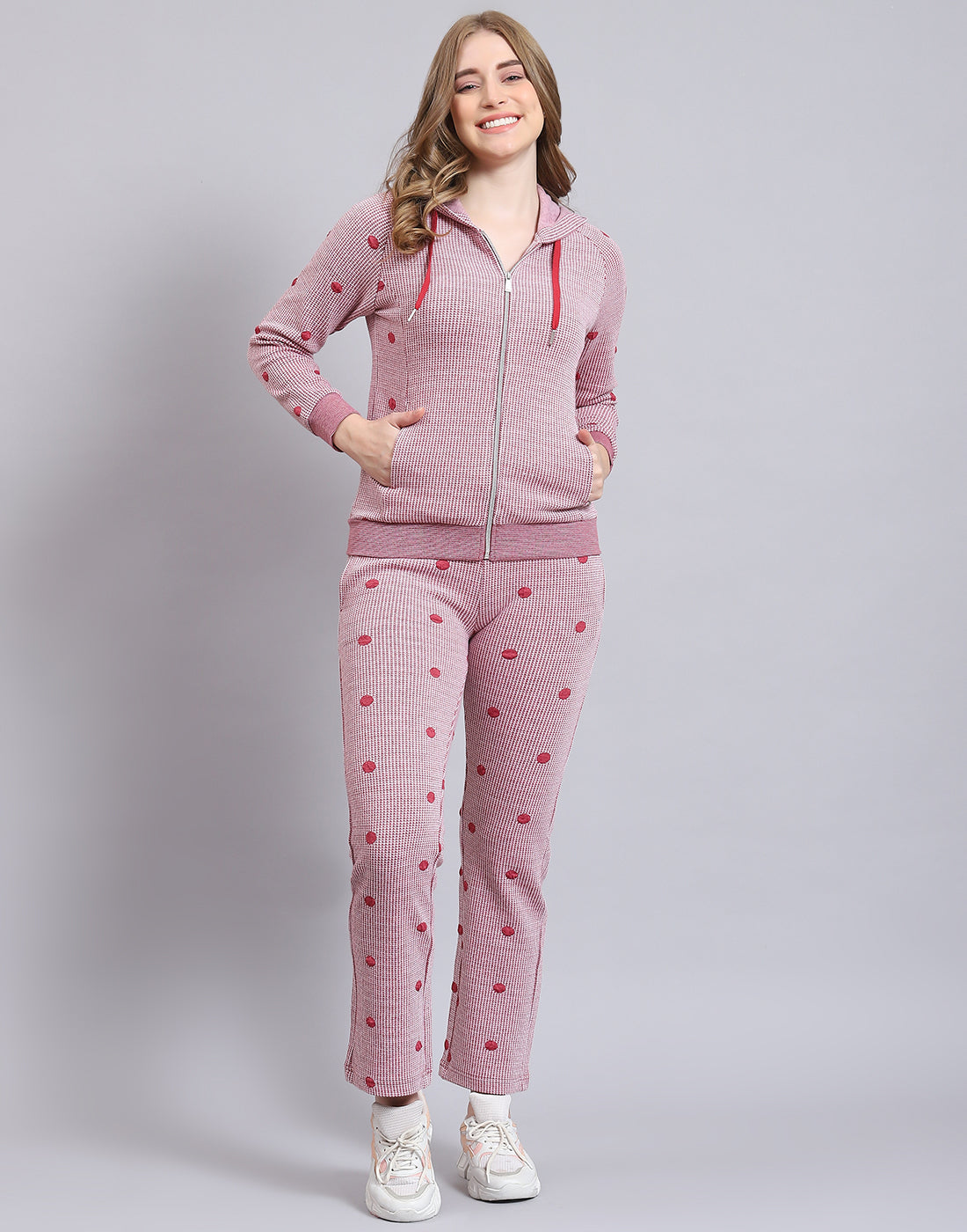 Women Pink Self Design Hooded Full Sleeve Tracksuit