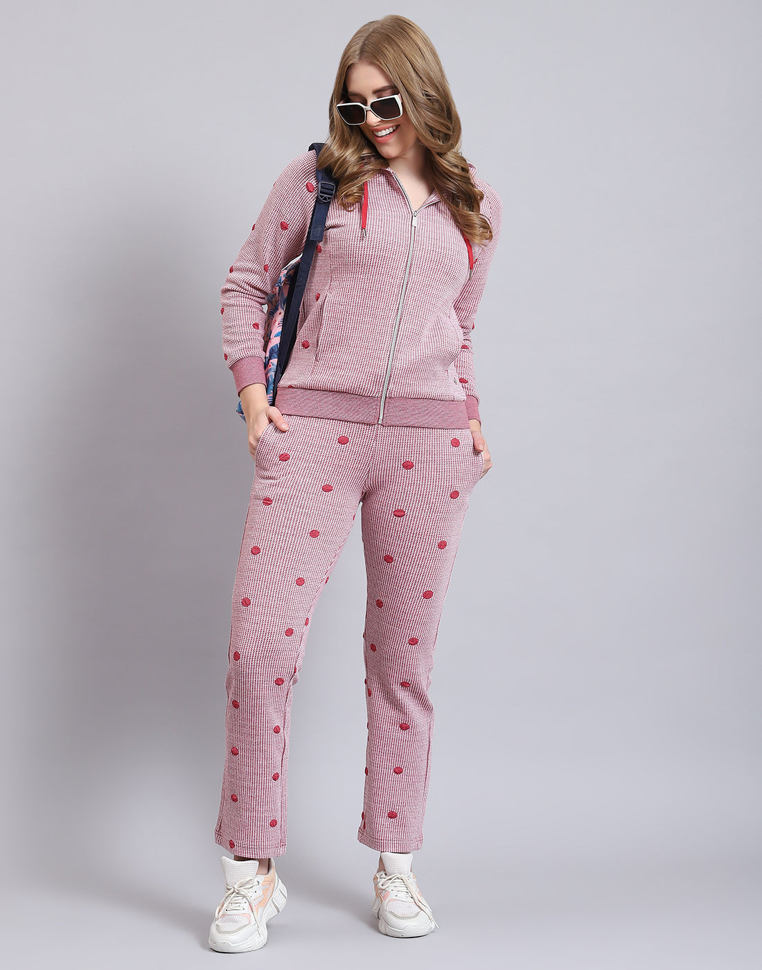 Buy Women Pink Self Design Hooded Full Sleeve Tracksuit Online in