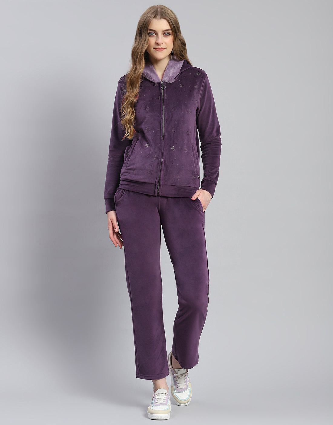 Women Purple Solid Hooded Full Sleeve Tracksuit