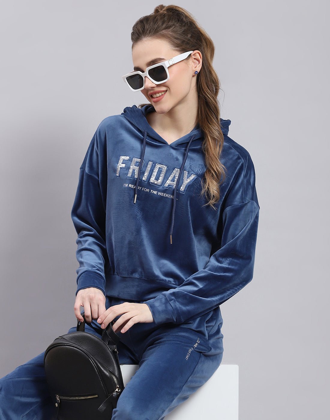 Women Blue Embroidered Hooded Full Sleeve Tracksuit