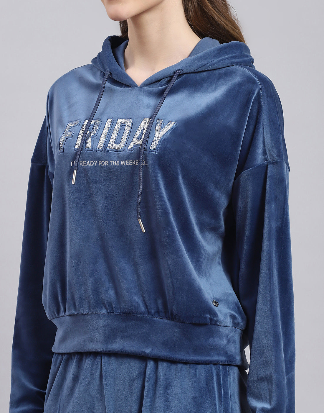Women Blue Embroidered Hooded Full Sleeve Tracksuit