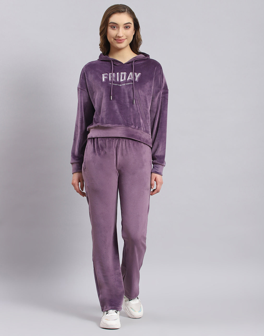 Women Purple Embroidered Hooded Full Sleeve Tracksuit