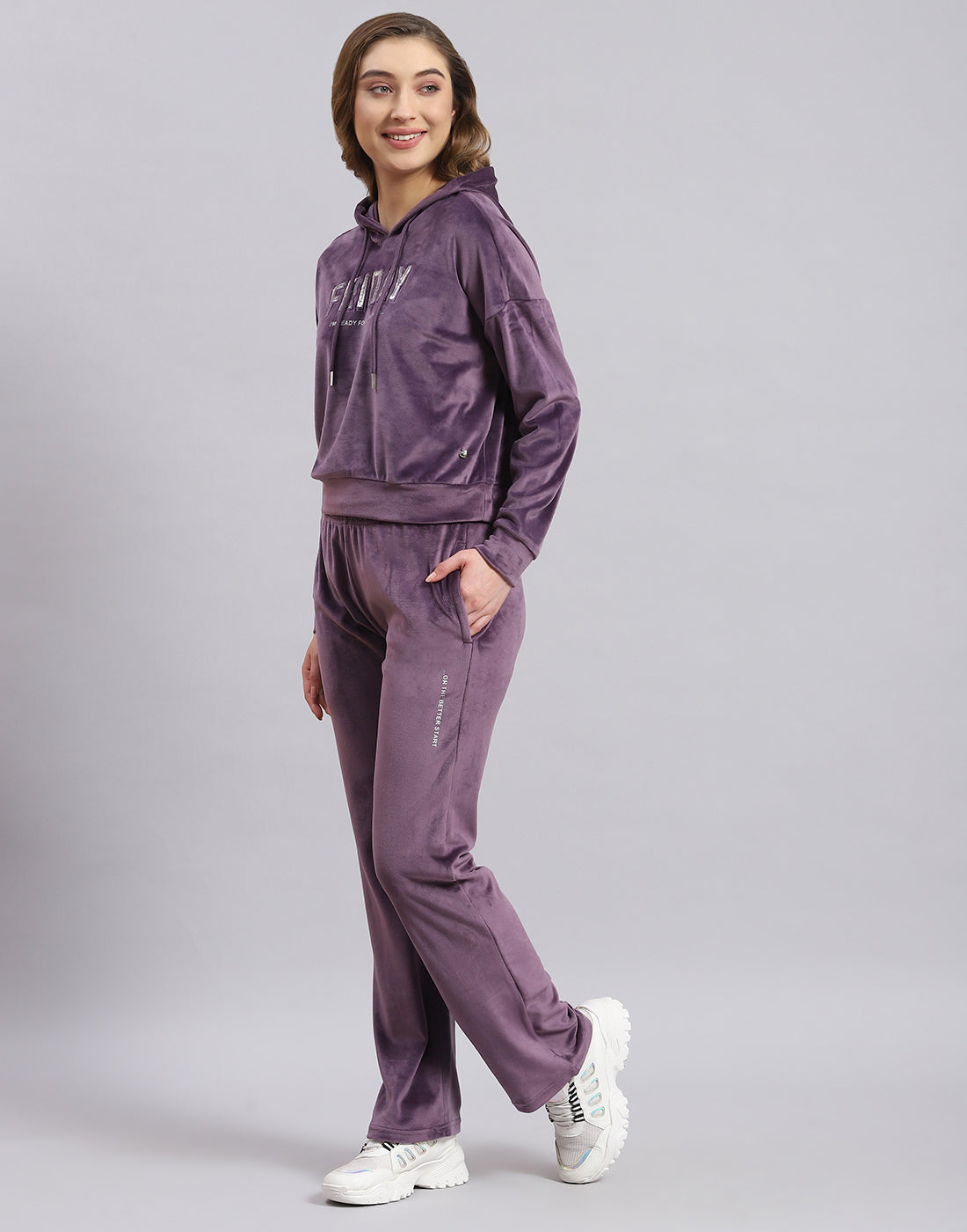 Women Purple Embroidered Hooded Full Sleeve Tracksuit