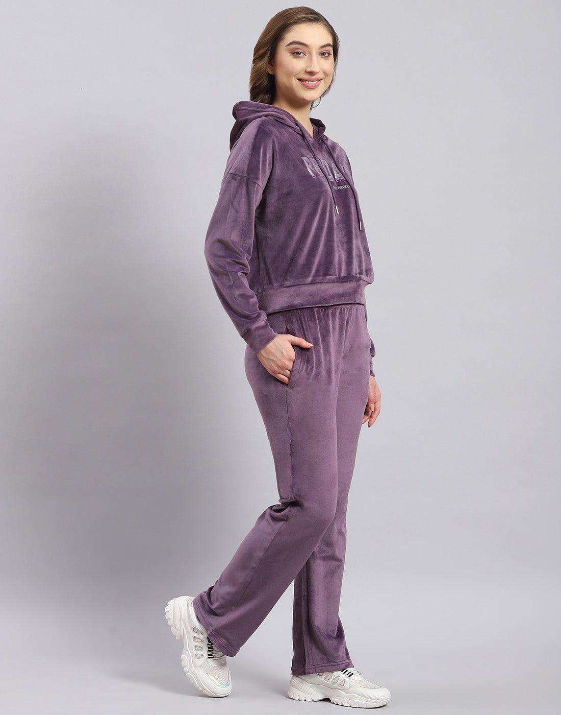 Women Purple Embroidered Hooded Full Sleeve Tracksuit