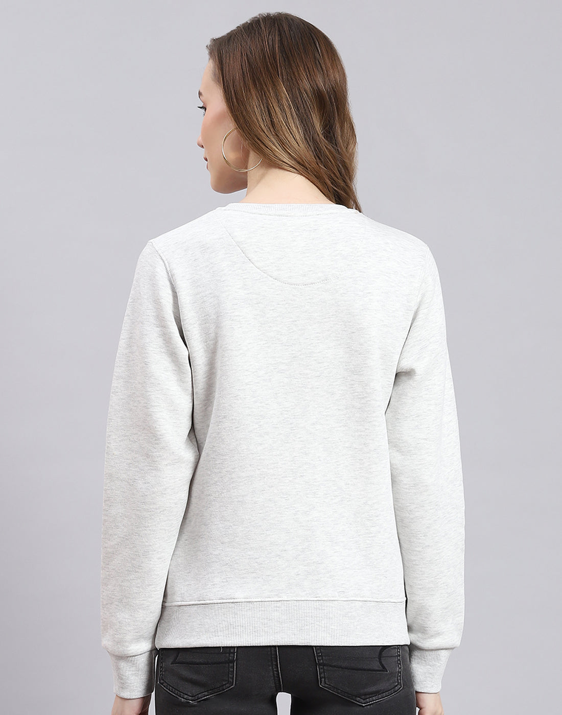 Women Grey Embroidered Round Neck Full Sleeve Sweatshirt