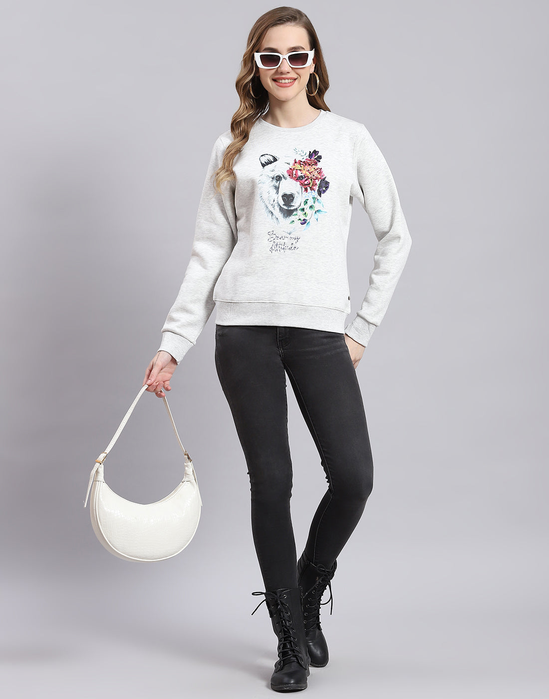 Women Grey Embroidered Round Neck Full Sleeve Sweatshirt