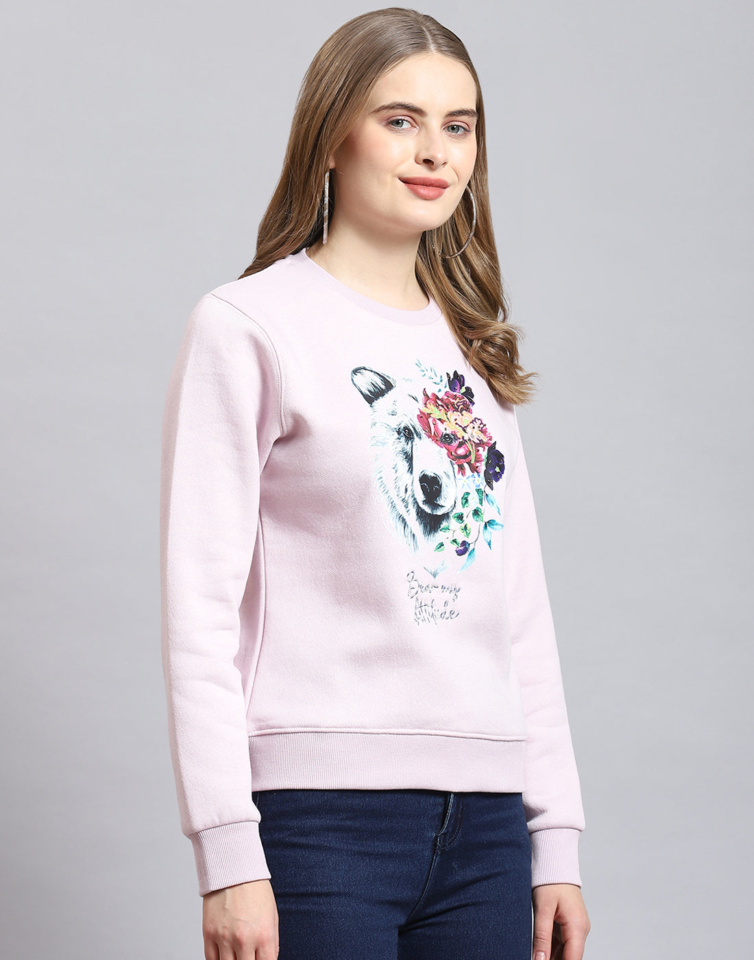 Women Purple Embroidered Round Neck Full Sleeve Sweatshirt