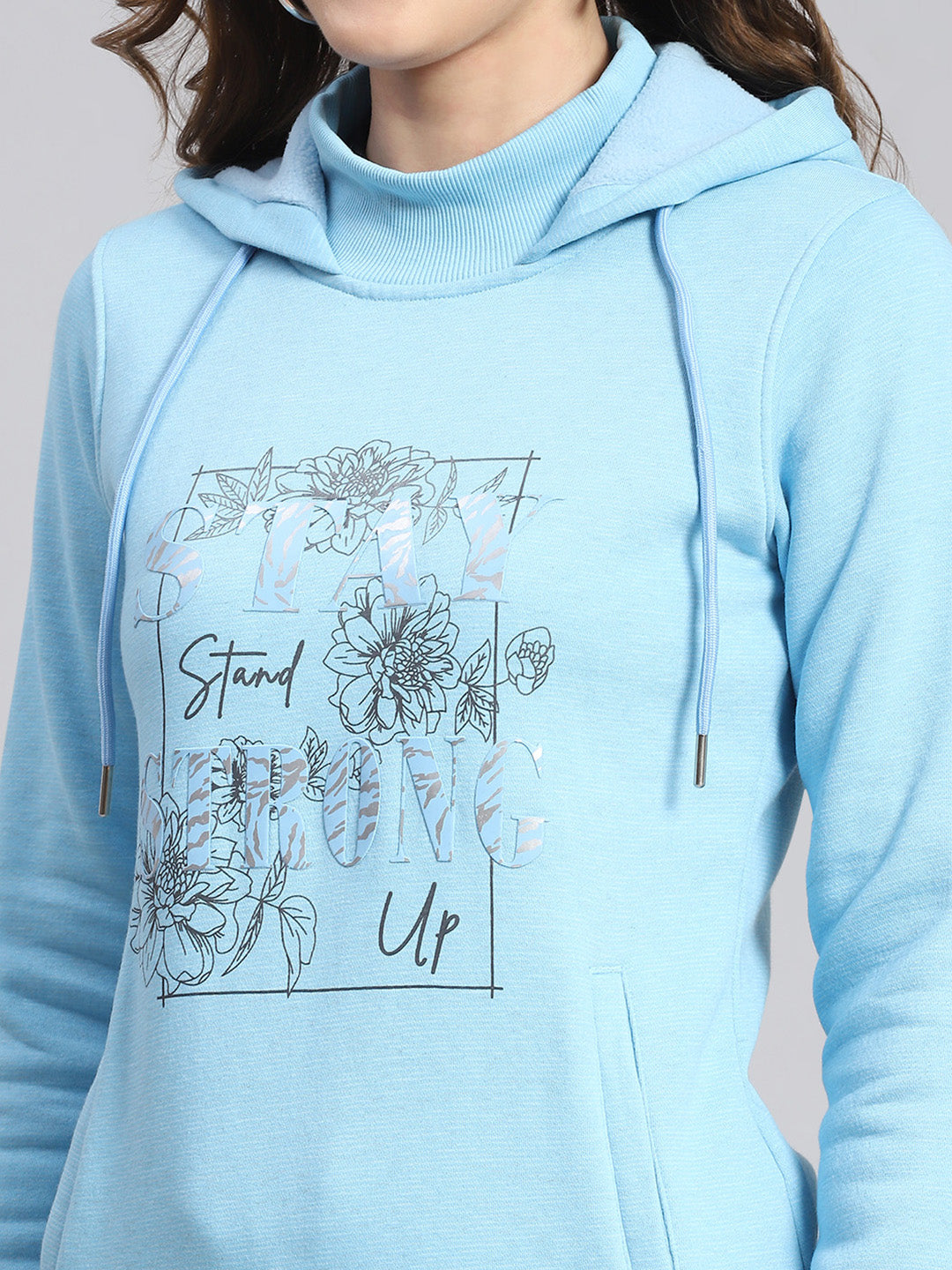 Women Blue Printed Hooded Full Sleeve Sweatshirts