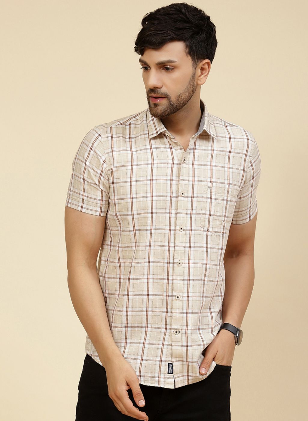 Men Beige Check Shirt