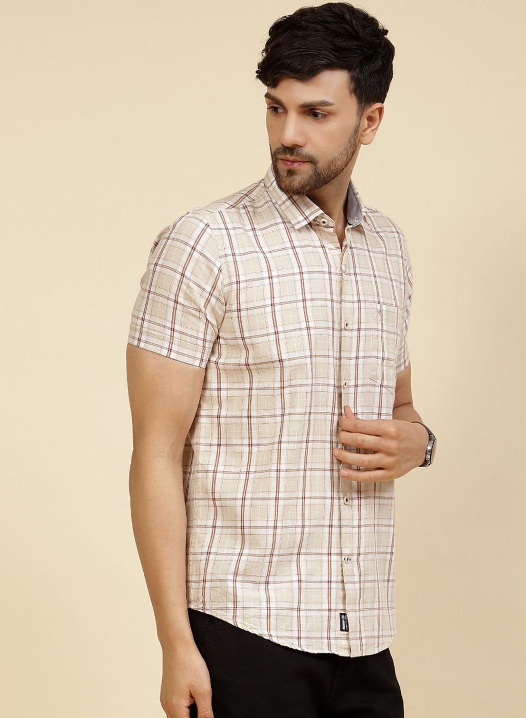 Men Beige Check Shirt