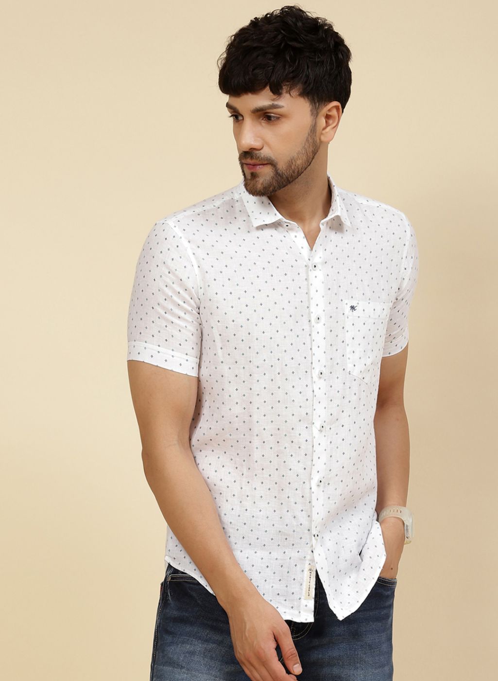 Men White Printed Linen Shirt