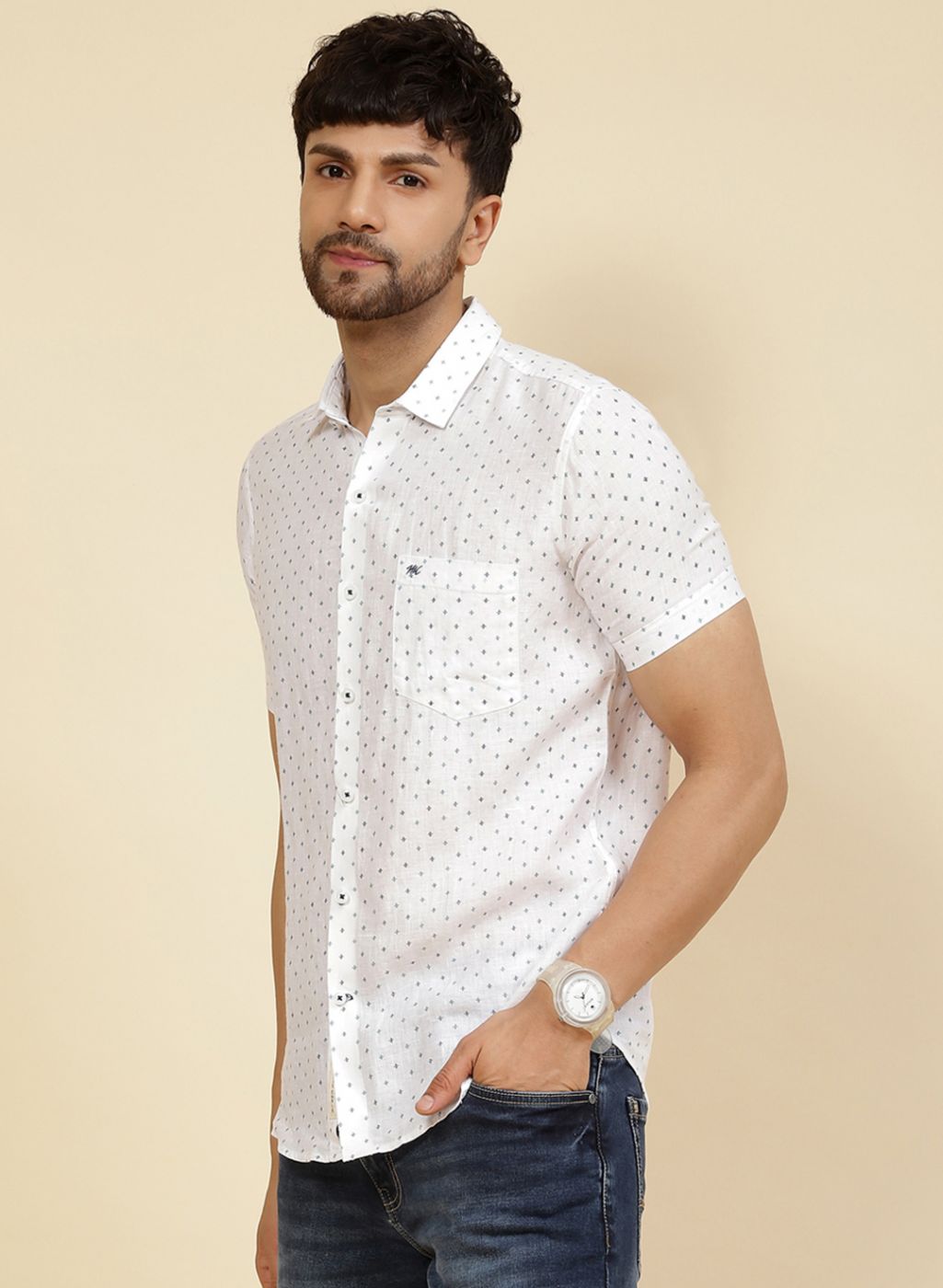Men White Printed Linen Shirt