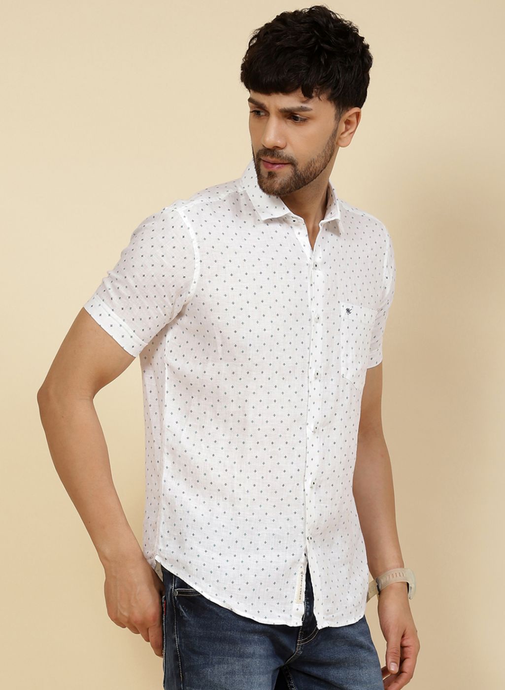 Men White Printed Linen Shirt