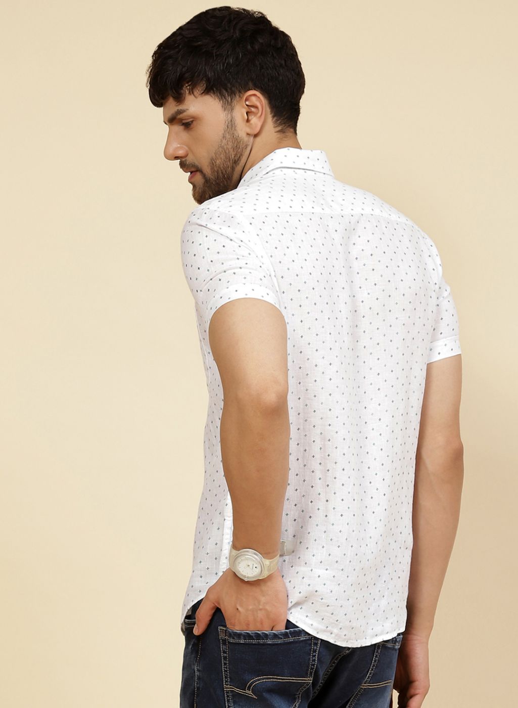 Men White Printed Linen Shirt