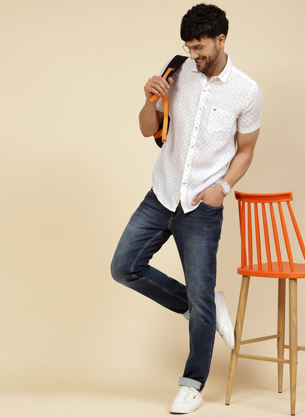 Men White Printed Linen Shirt