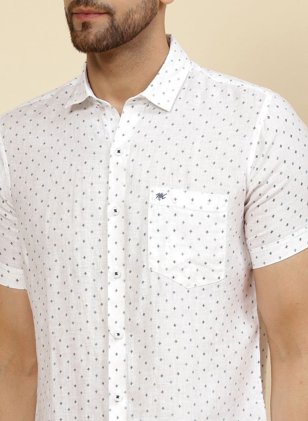 Men White Printed Linen Shirt