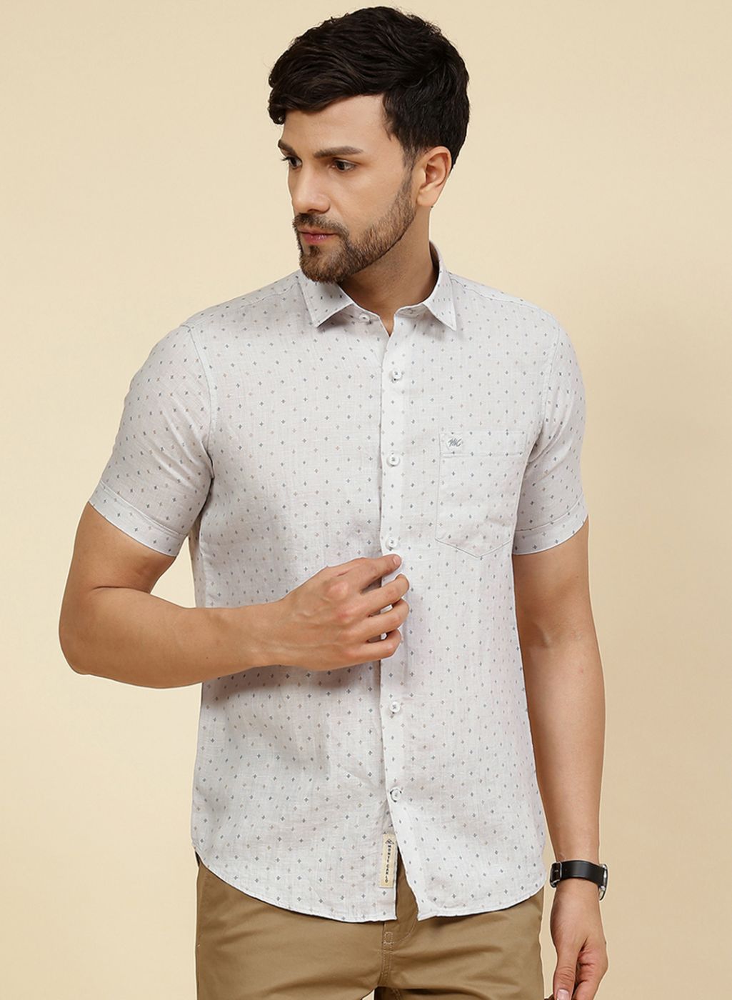 Men Grey Printed Linen Shirt