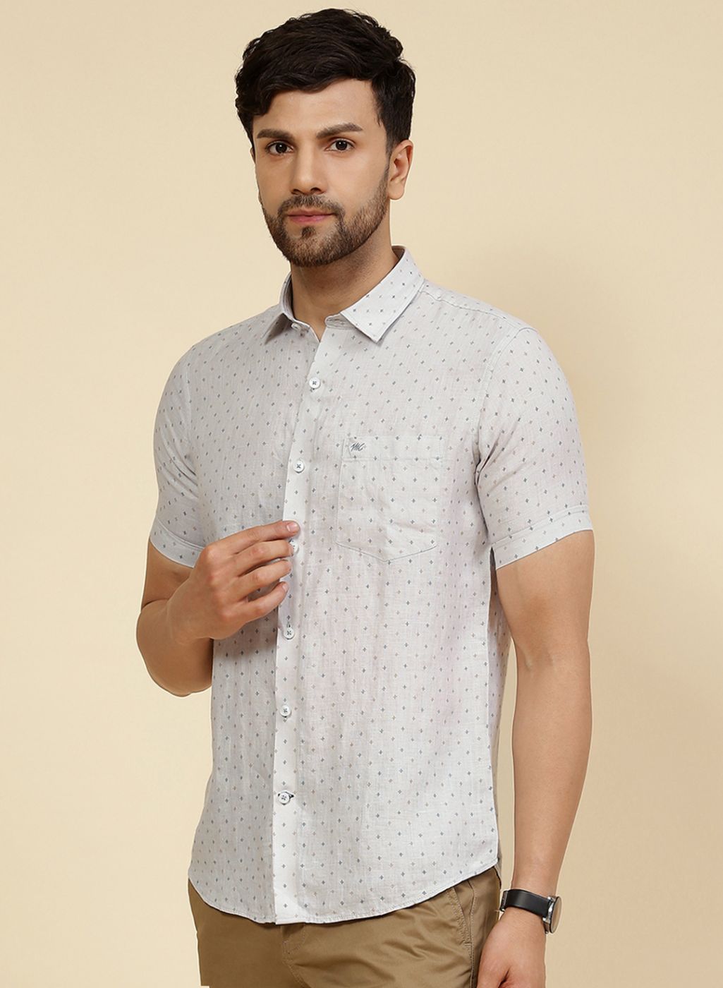 Men Grey Printed Linen Shirt