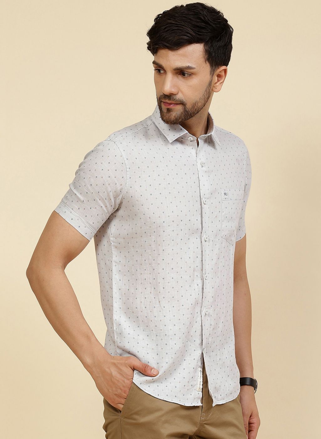 Men Grey Printed Linen Shirt