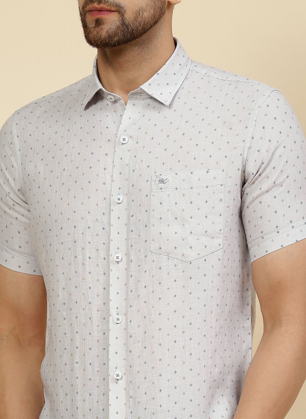 Men Grey Printed Linen Shirt