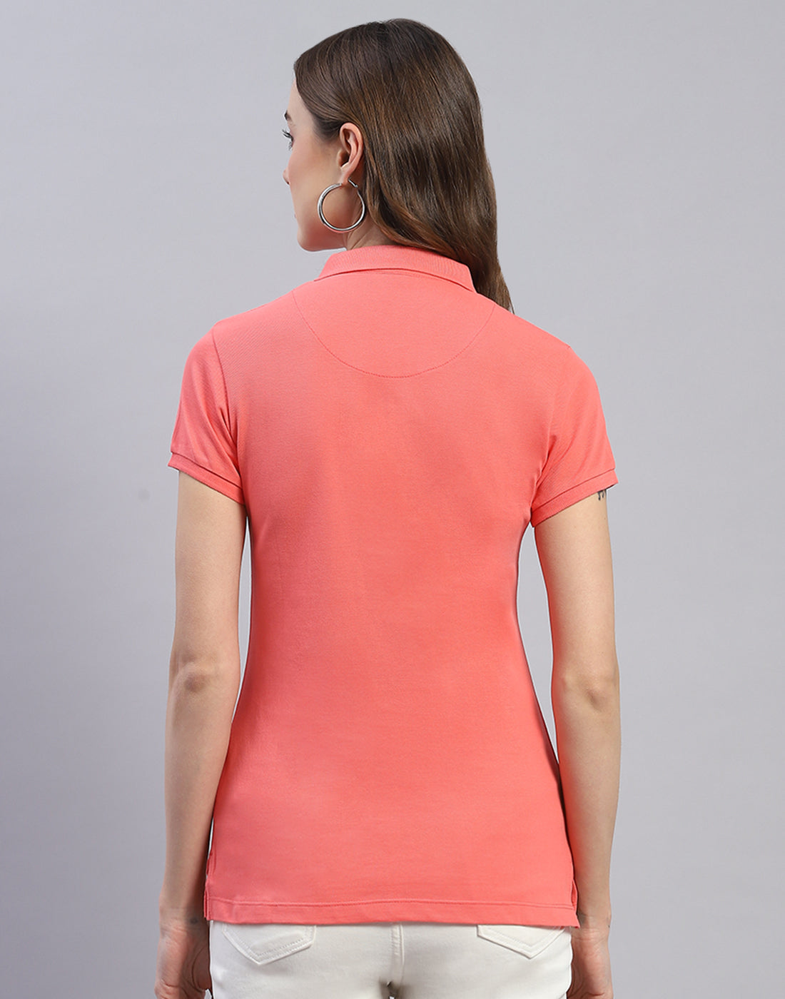 Women Coral Solid Polo Collar Half Sleeve T-Shirt