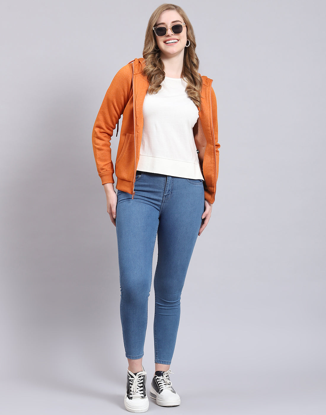 Women Rust Solid Hooded Full Sleeve Sweatshirt