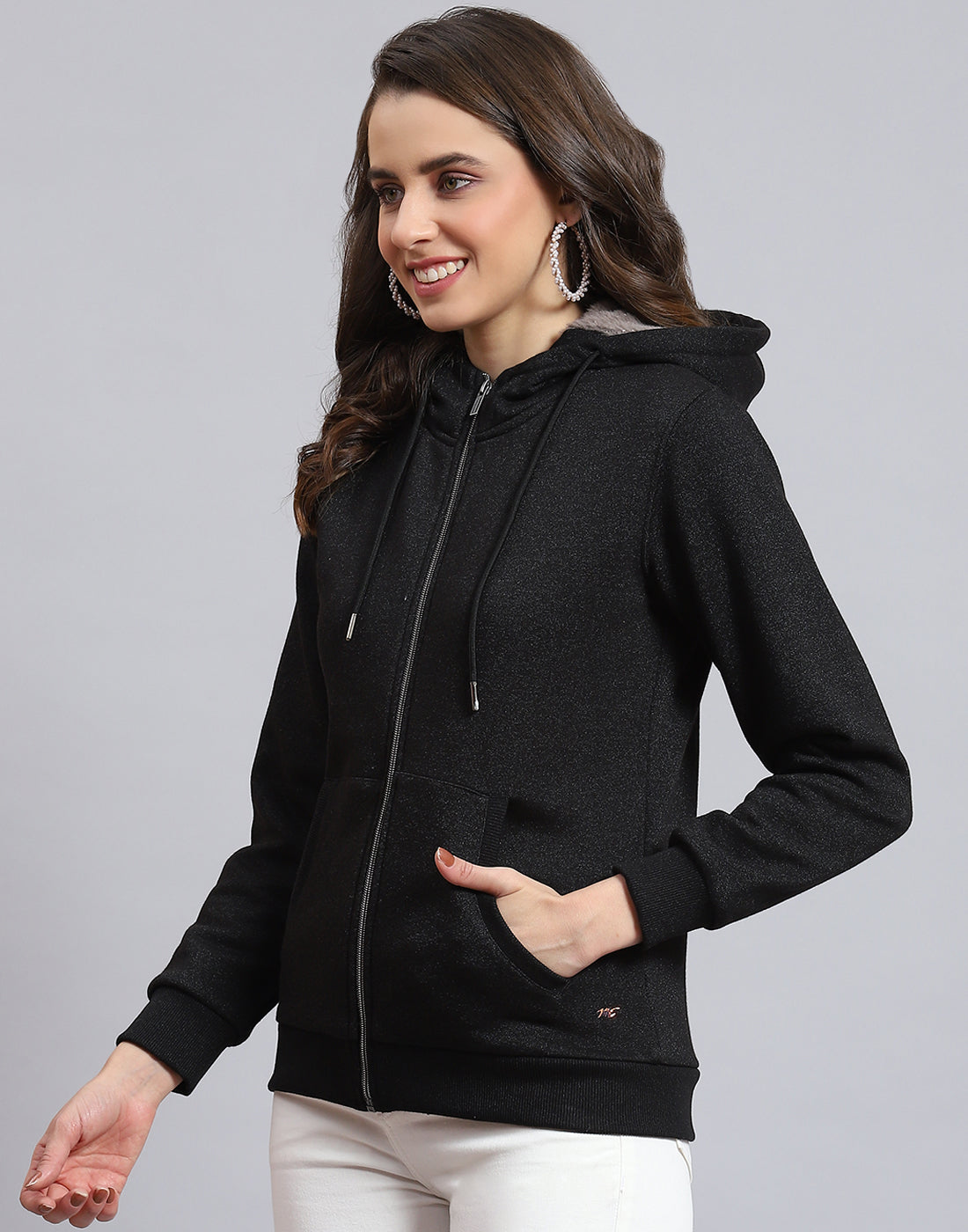 Women Black Solid Hooded Full Sleeve Sweatshirt