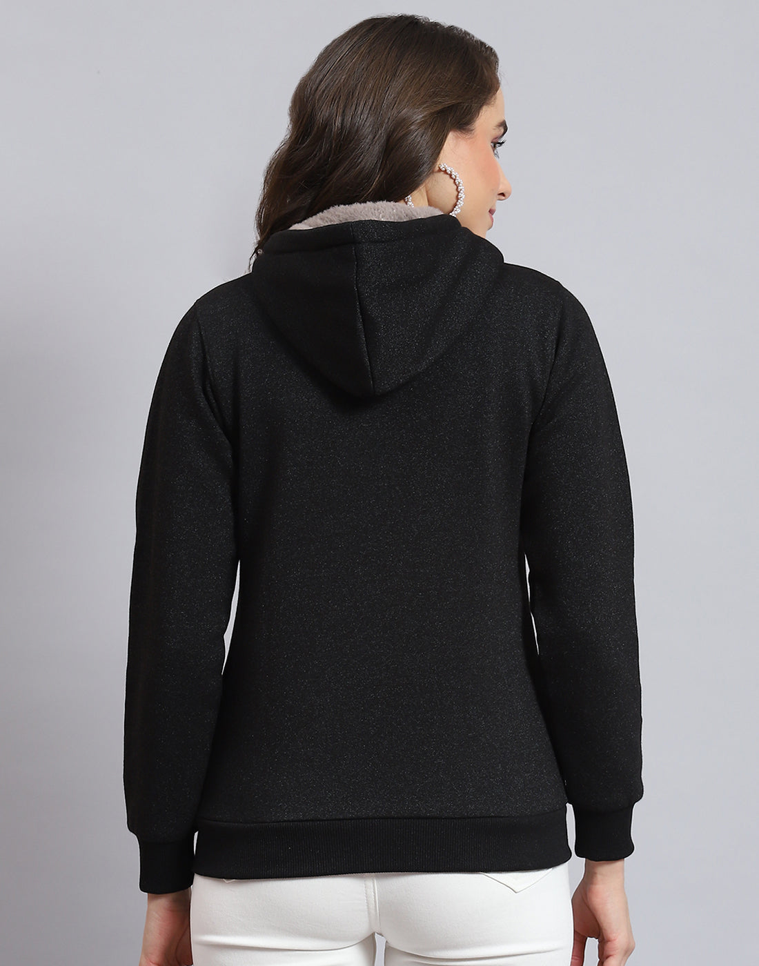 Women Black Solid Hooded Full Sleeve Sweatshirt