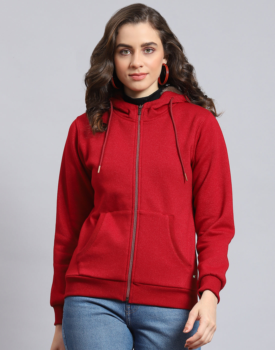 Women Maroon Solid Hooded Full Sleeve Sweatshirt