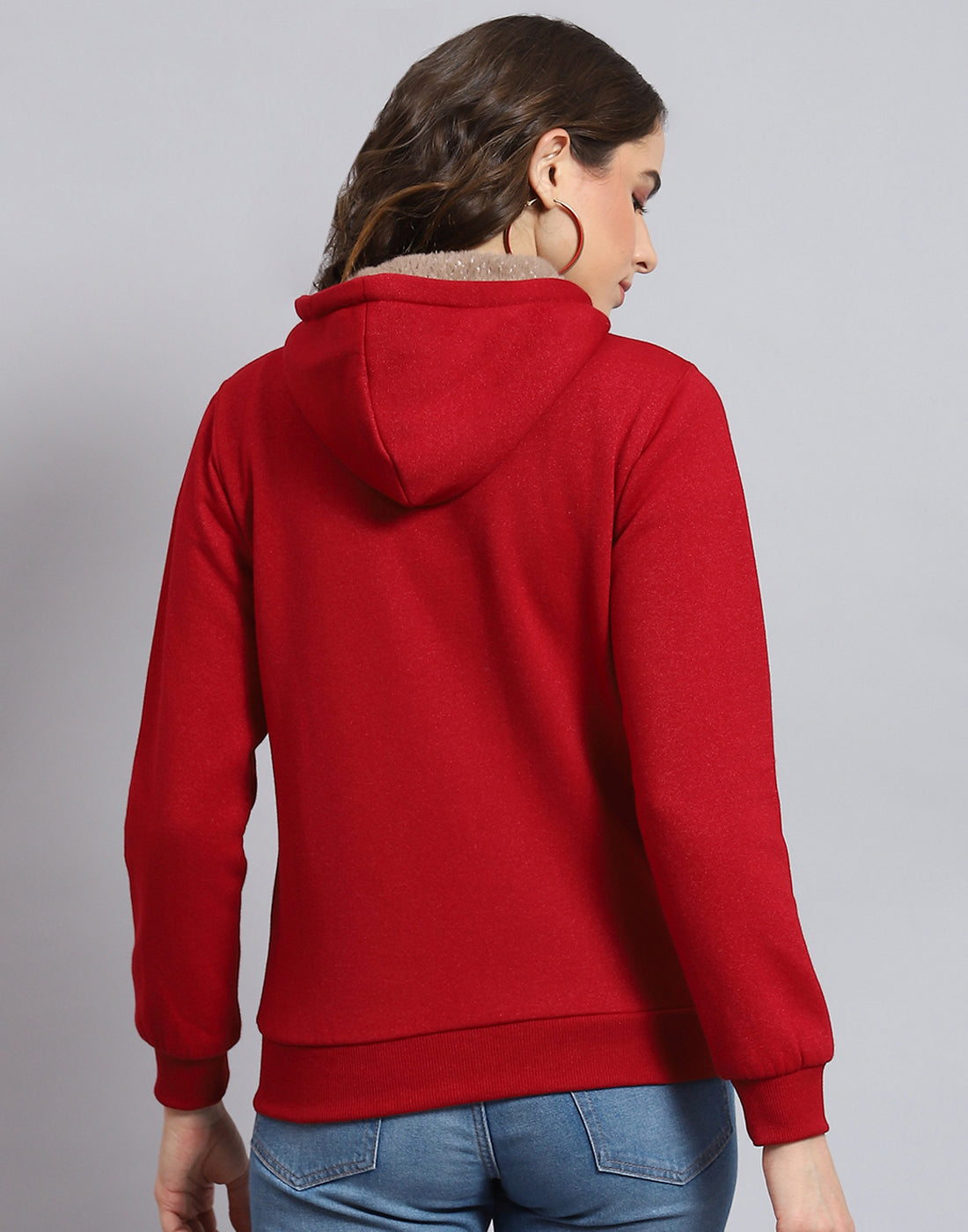 Women Maroon Solid Hooded Full Sleeve Sweatshirt