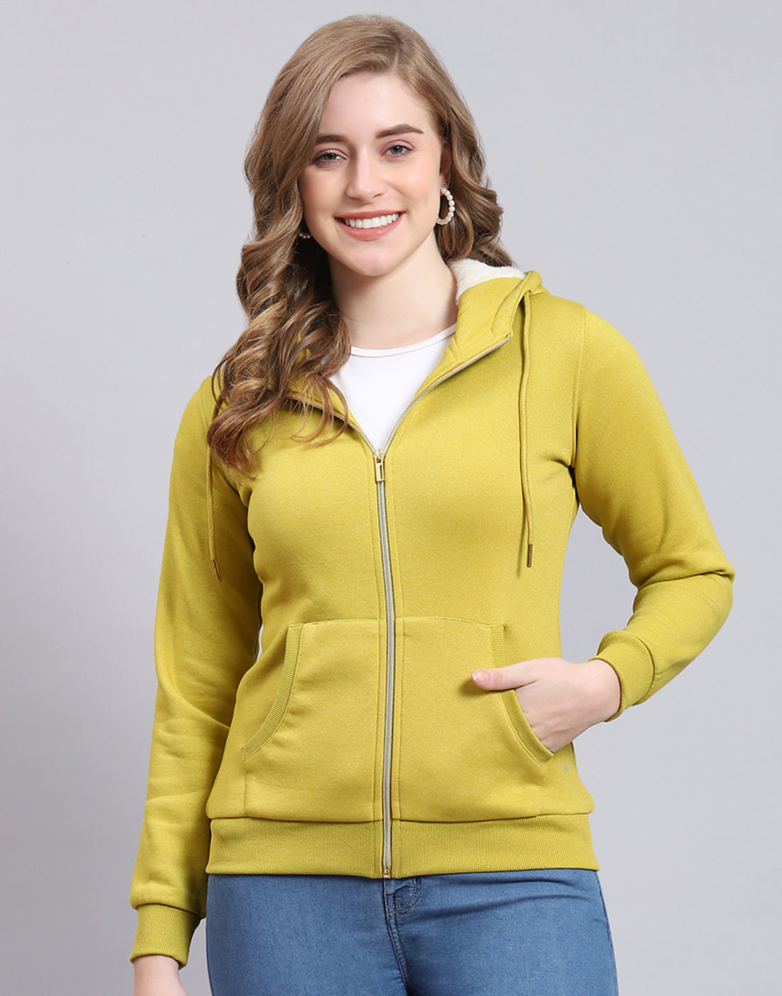 Women Mustard Solid Hooded Full Sleeve Sweatshirt