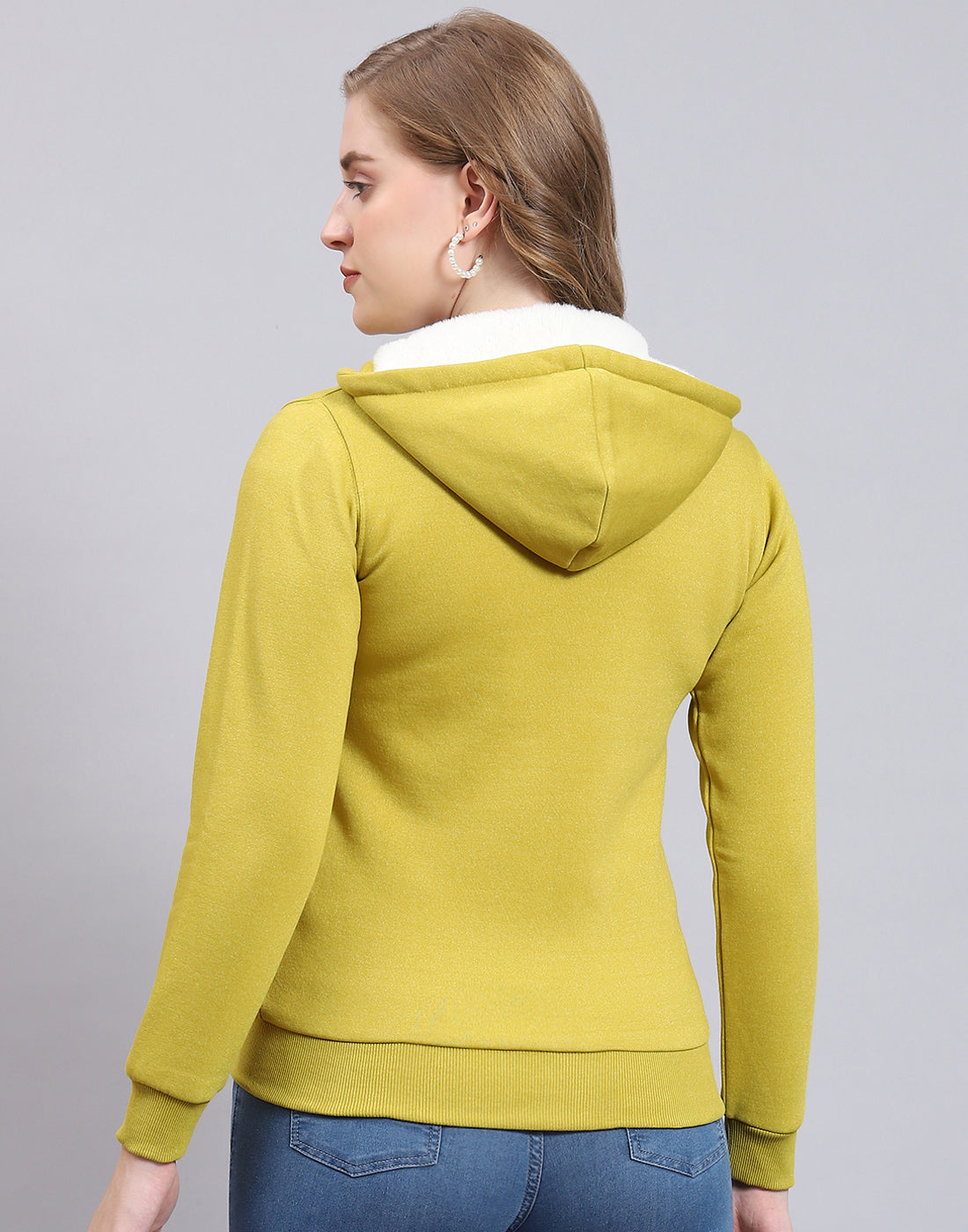 Women Mustard Solid Hooded Full Sleeve Sweatshirt