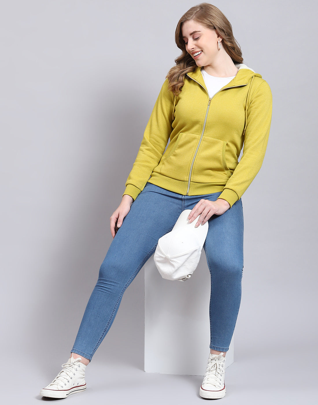 Women Mustard Solid Hooded Full Sleeve Sweatshirt