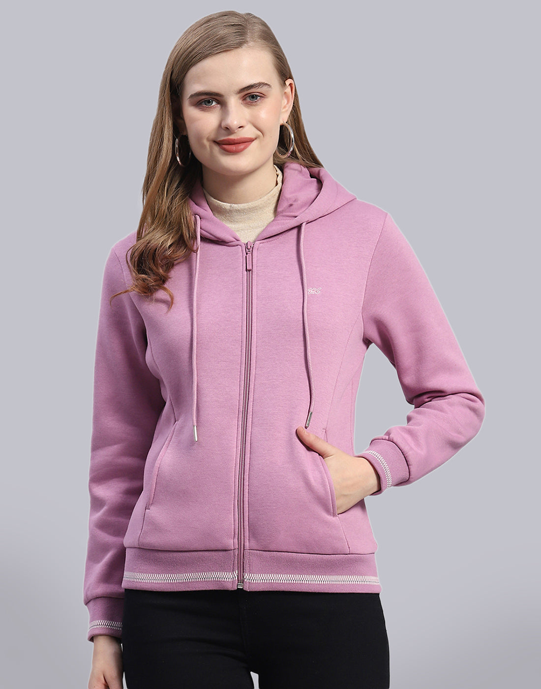 Women Purple Solid Hooded Full Sleeve Sweatshirt