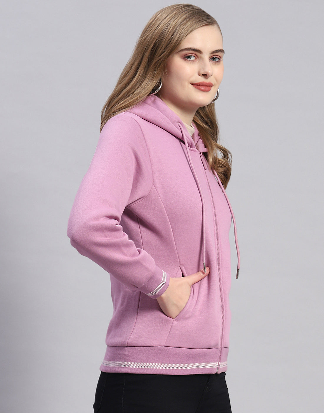 Women Purple Solid Hooded Full Sleeve Sweatshirt