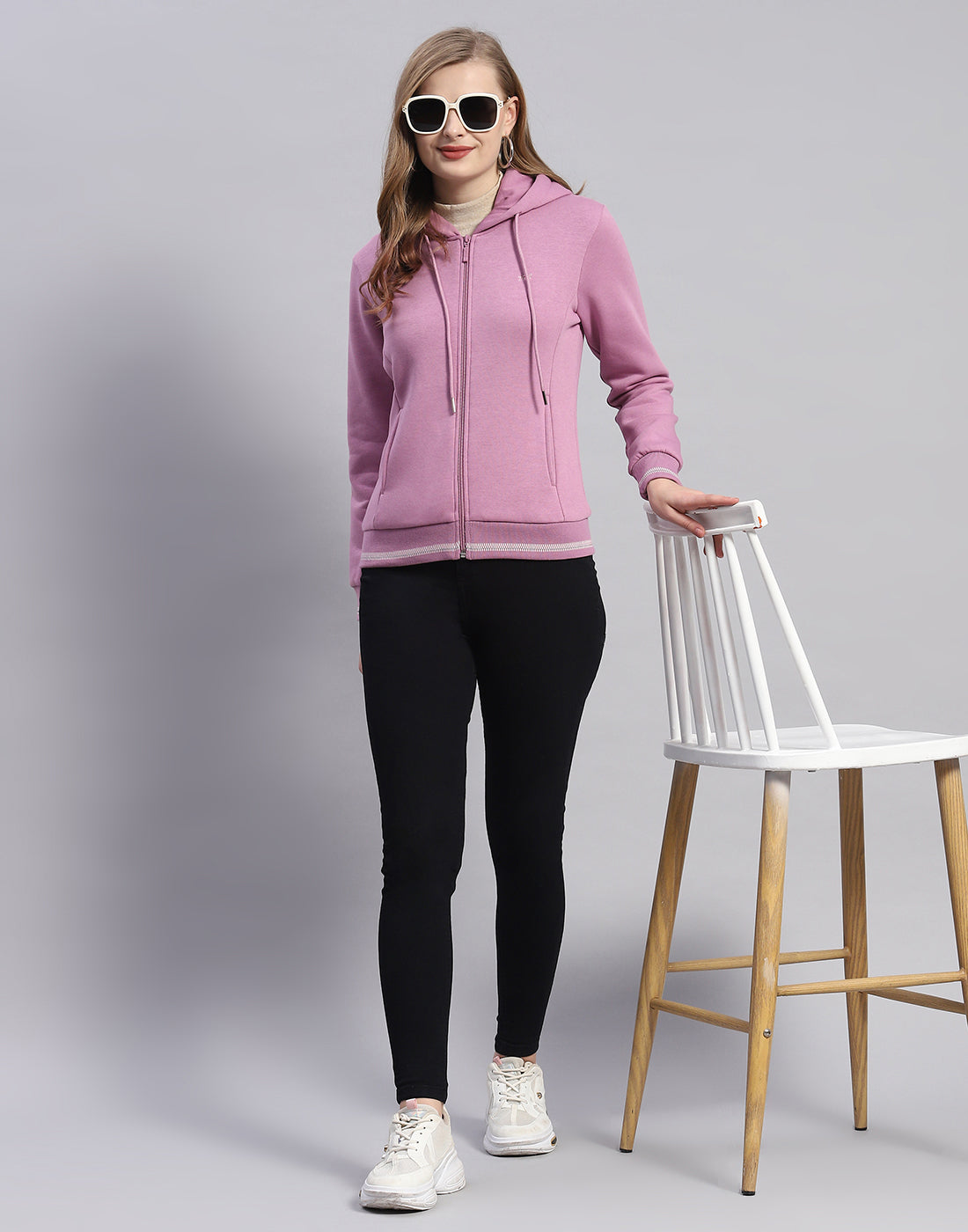 Women Purple Solid Hooded Full Sleeve Sweatshirt