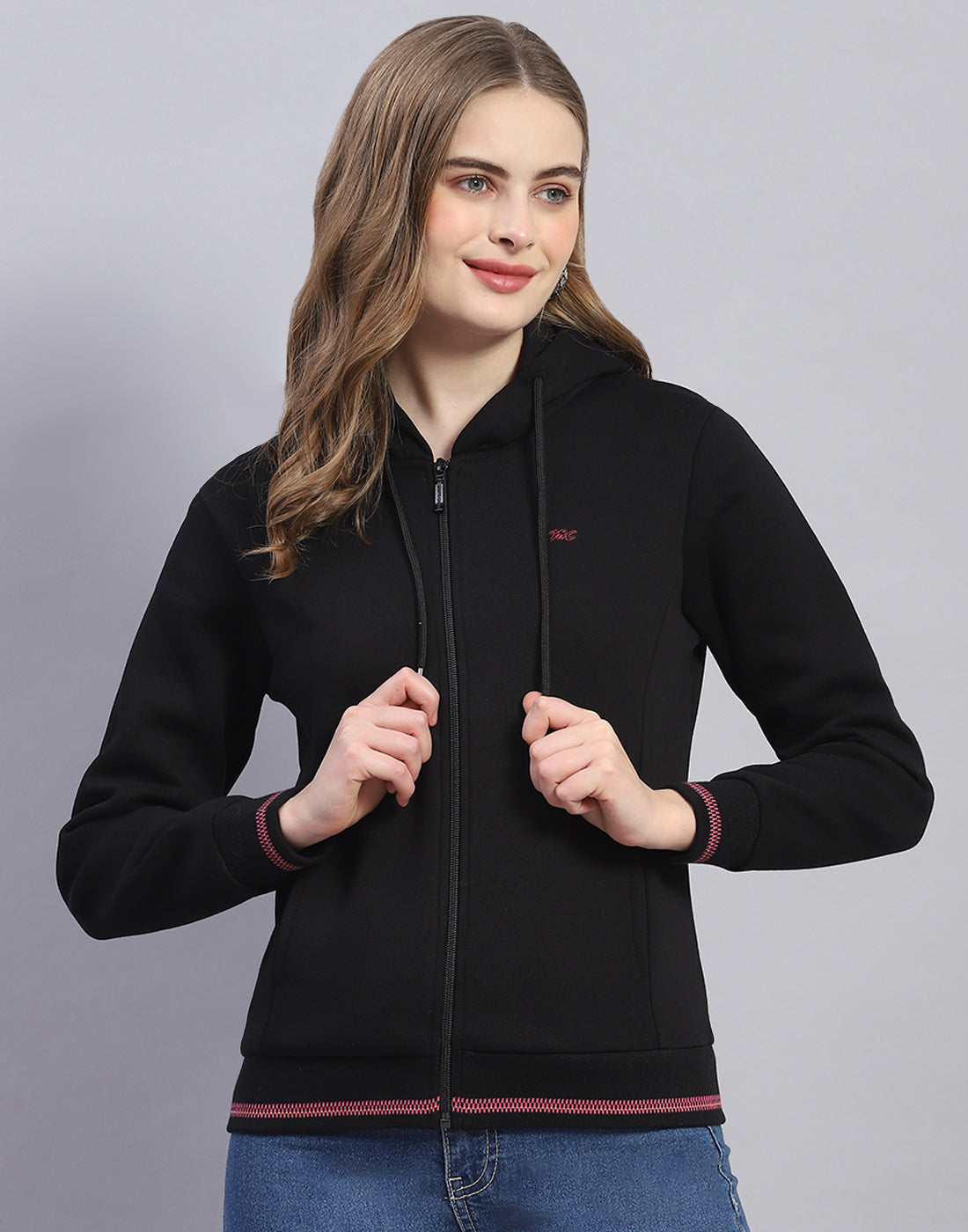 Women Black Solid Hooded Full Sleeve Sweatshirt