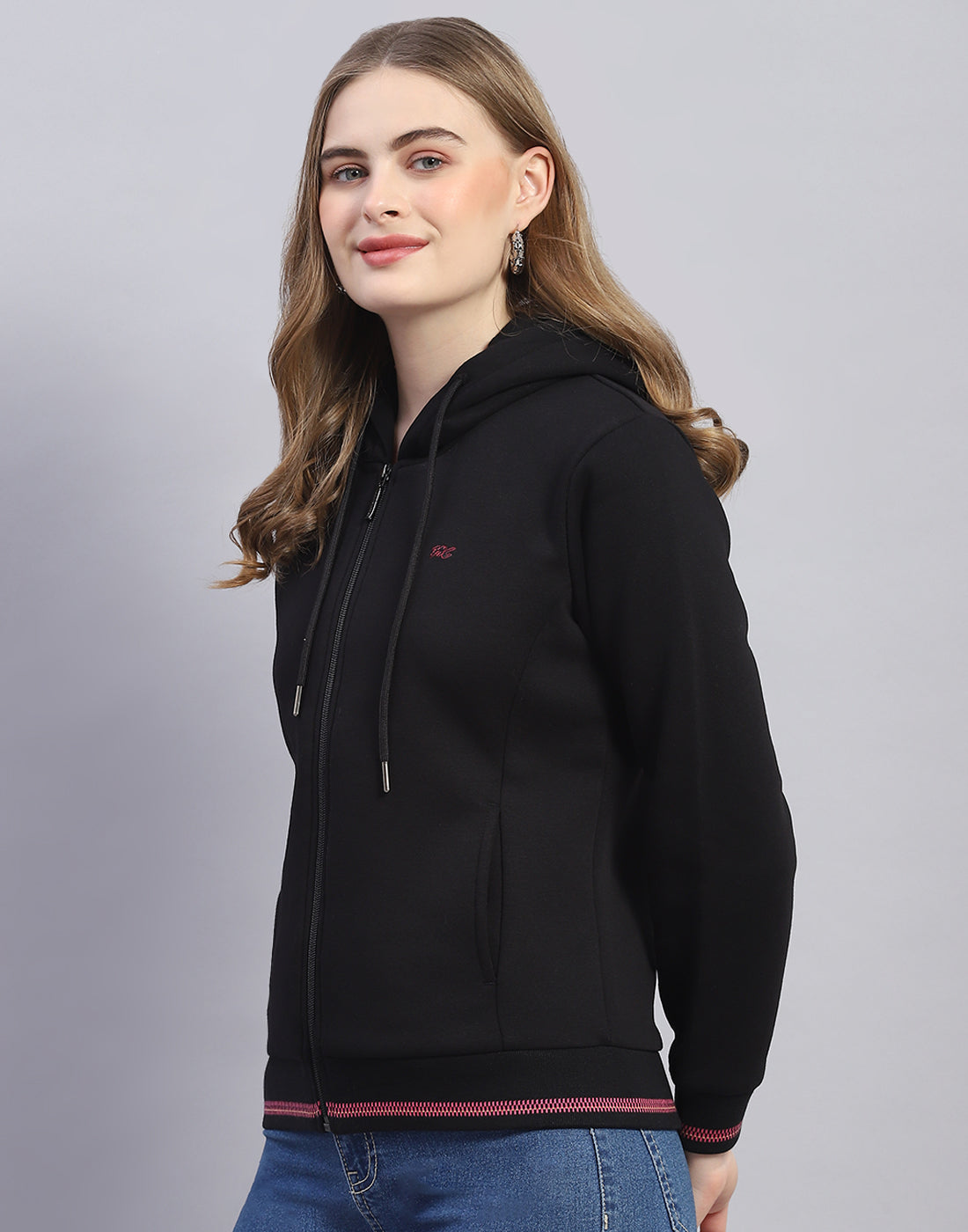 Women Black Solid Hooded Full Sleeve Sweatshirt