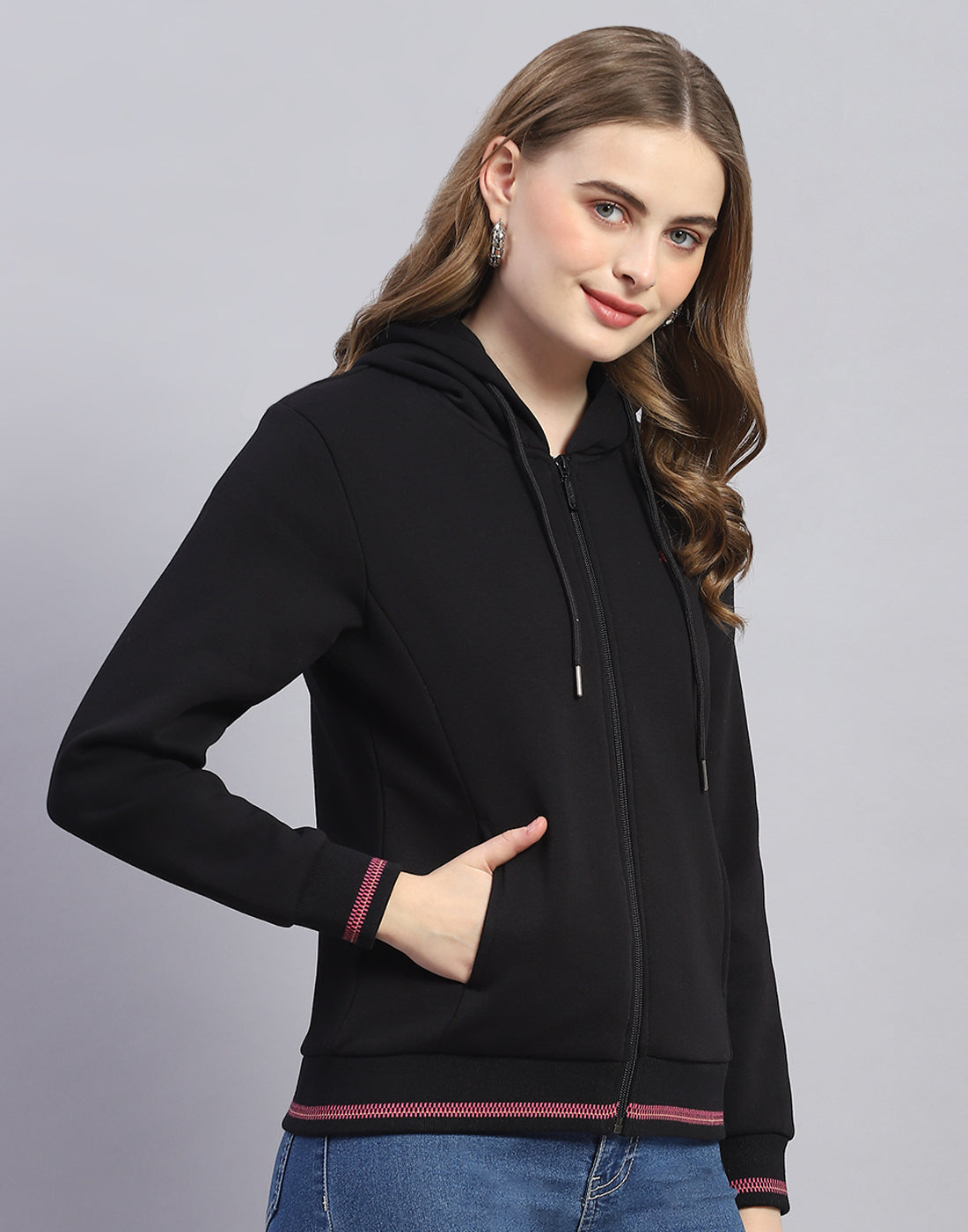 Women Black Solid Hooded Full Sleeve Sweatshirt