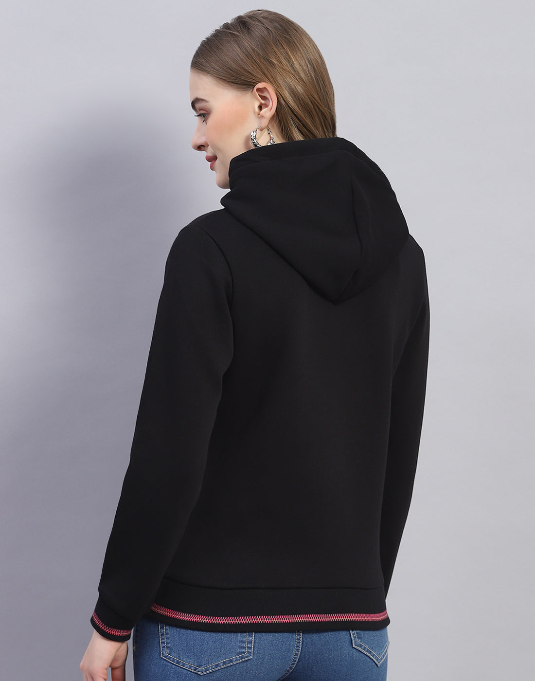 Women Black Solid Hooded Full Sleeve Sweatshirt