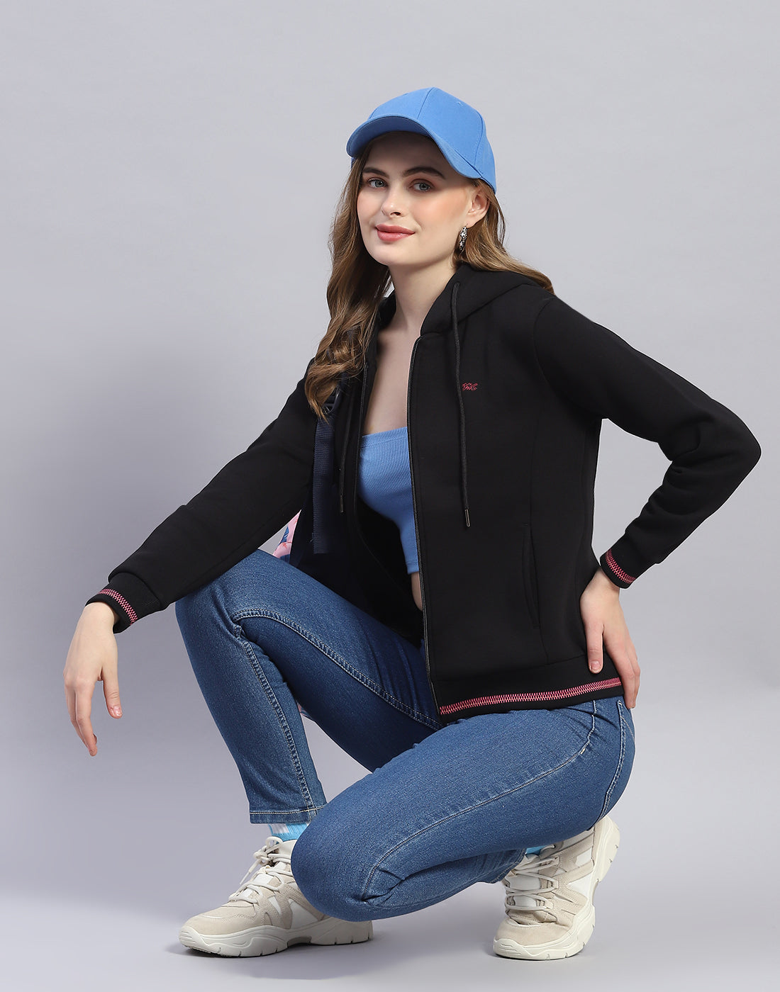 Women Black Solid Hooded Full Sleeve Sweatshirt