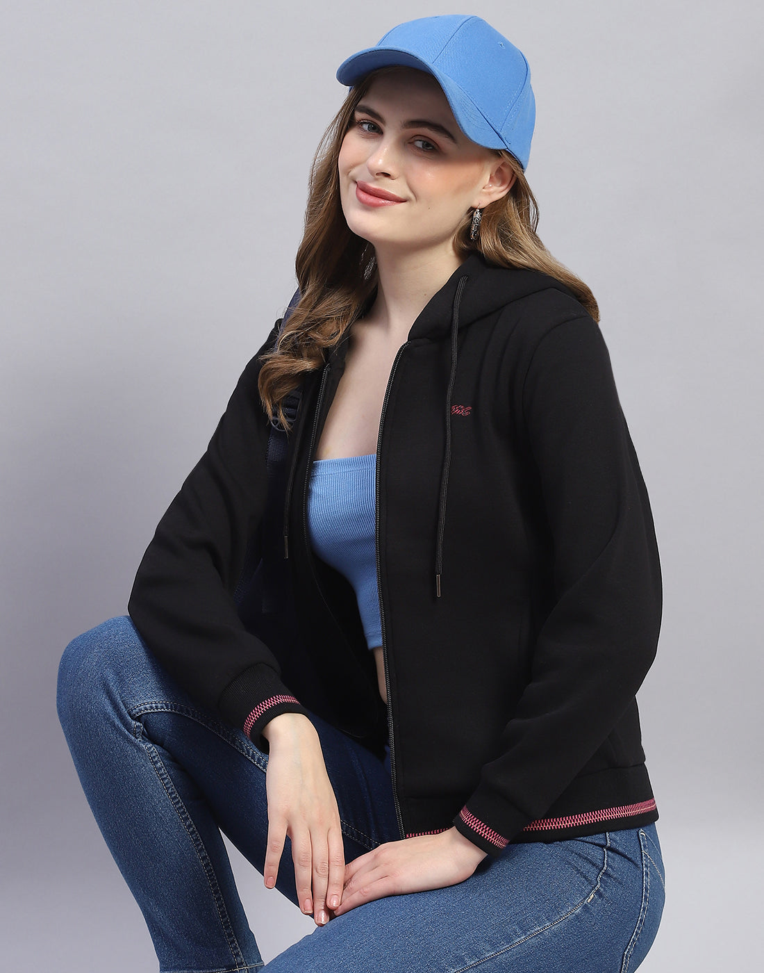 Women Black Solid Hooded Full Sleeve Sweatshirt