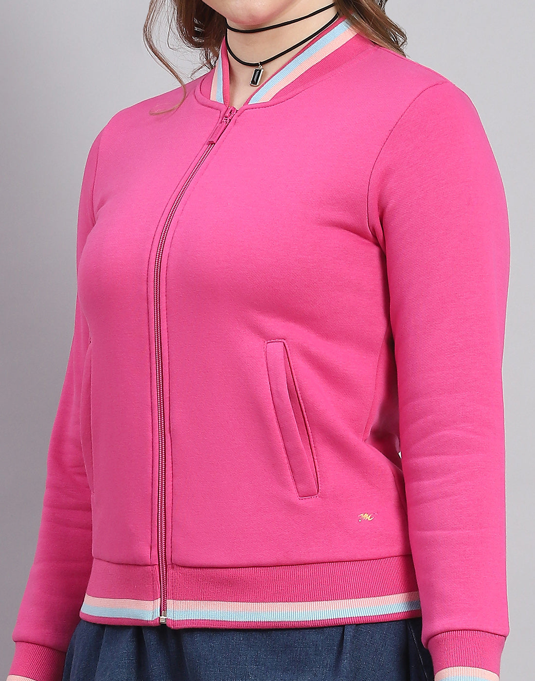 Women Pink Solid Mandarin Collar Full Sleeve Sweatshirt