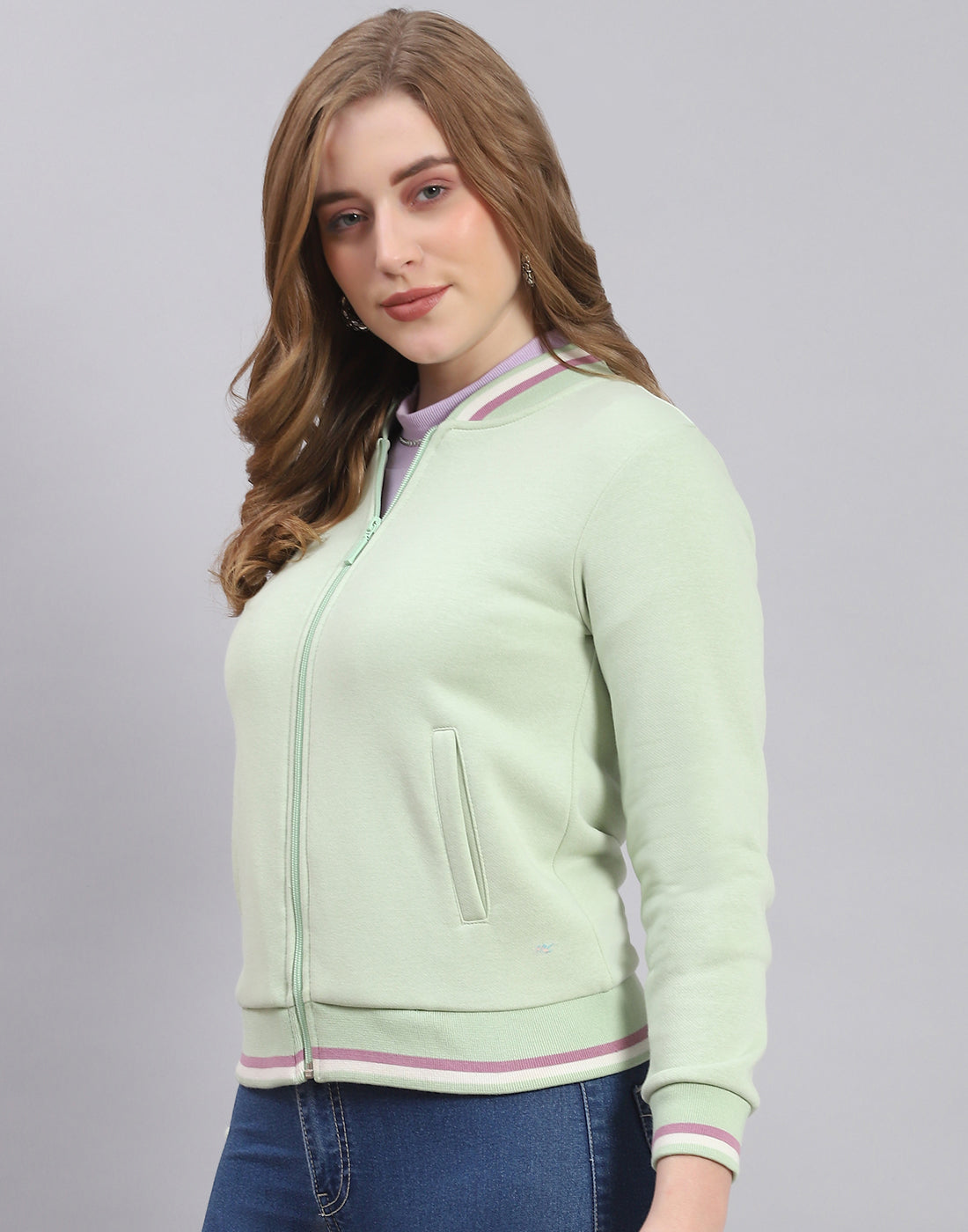 Women Green Solid Mandarin Collar Full Sleeve Sweatshirt