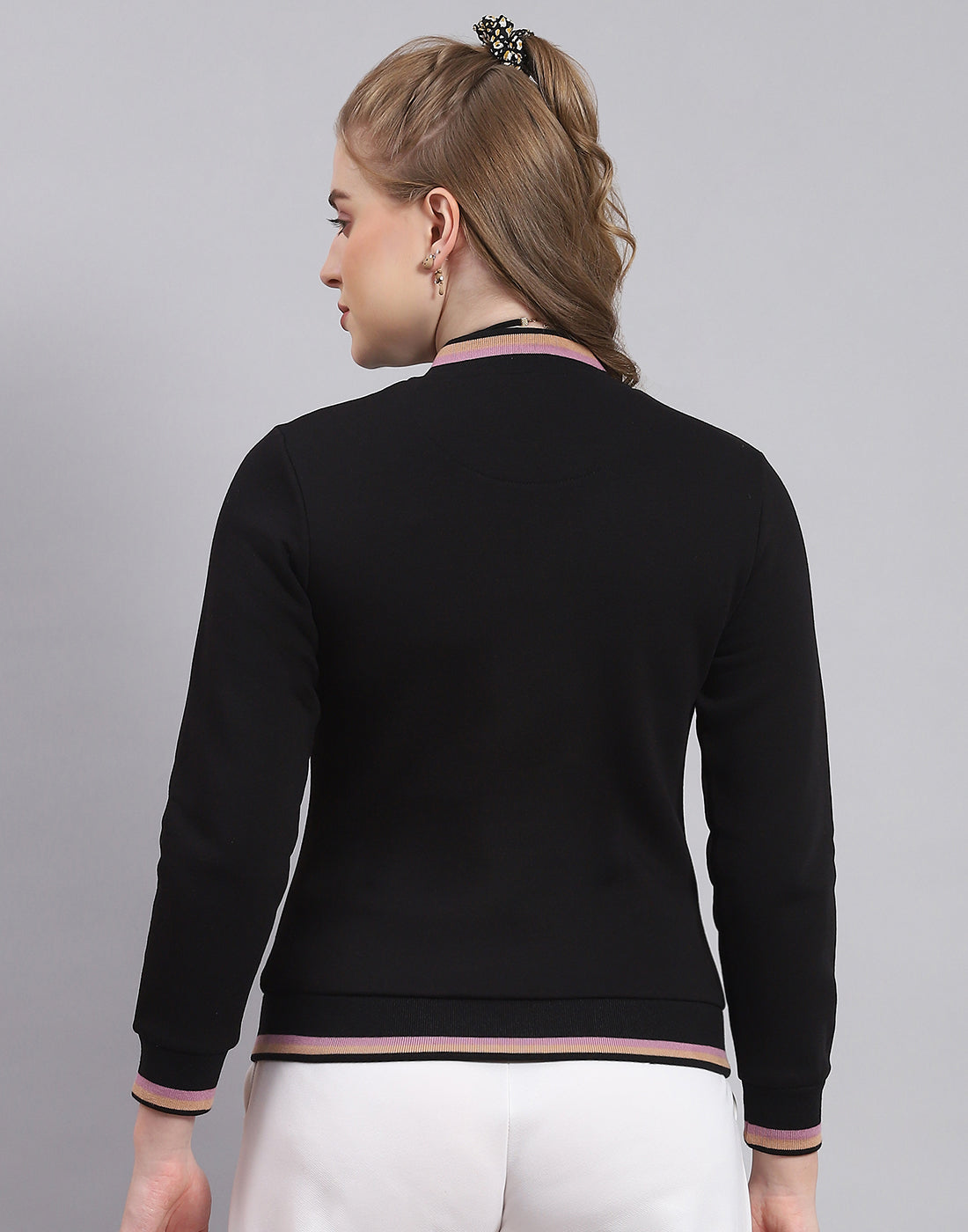 Women Black Solid Mandarin Collar Full Sleeve Sweatshirt