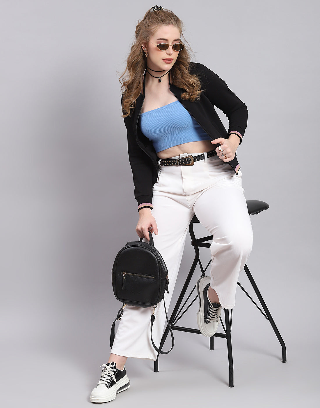 Women Black Solid Mandarin Collar Full Sleeve Sweatshirt