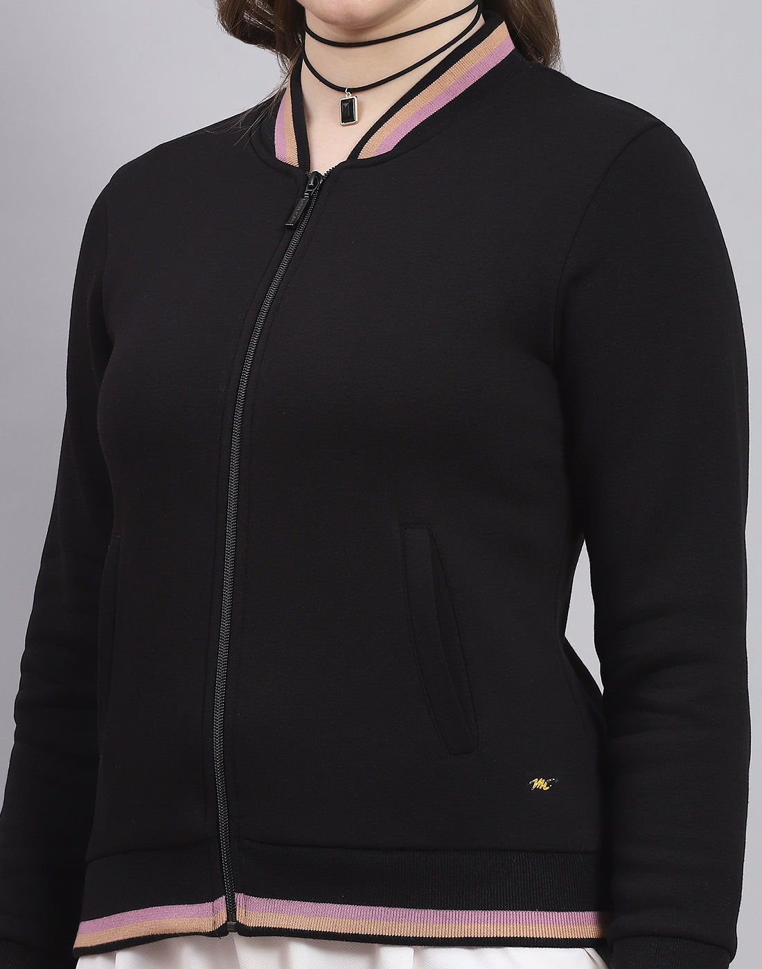 Women Black Solid Mandarin Collar Full Sleeve Sweatshirt