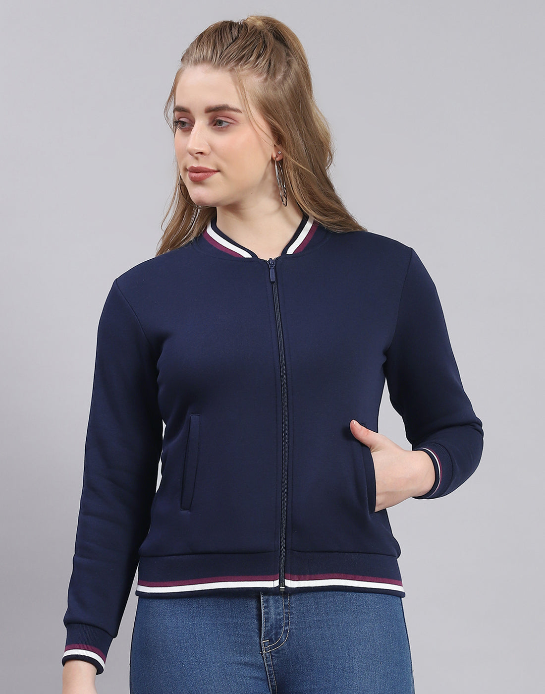 Women Navy Blue Solid Mandarin Collar Full Sleeve Sweatshirt