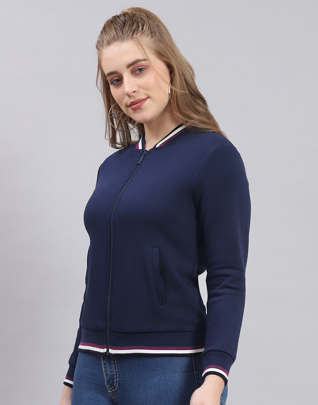 Women Navy Blue Solid Mandarin Collar Full Sleeve Sweatshirt