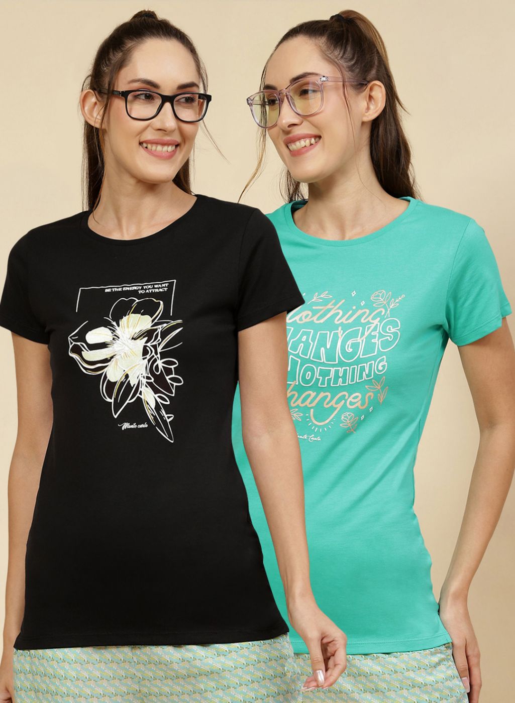 Women Black & Green Printed Top 2 Pc Set